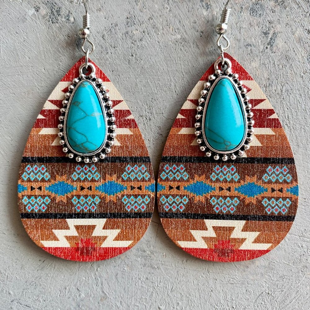 Retro Water Droplets Alloy Wood Inlay Turquoise Women'S Drop Earrings